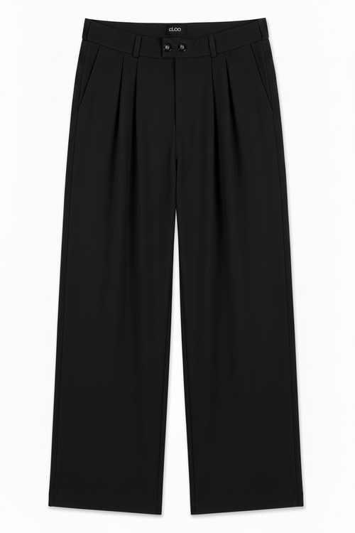 BLACK PLEATED WIDE LEG PANTS