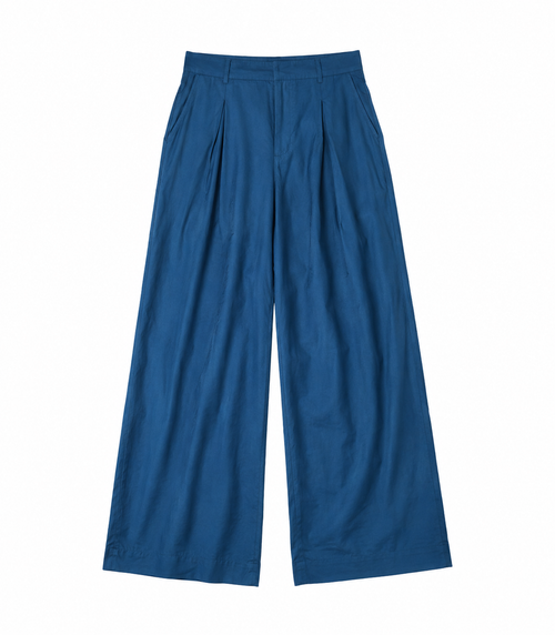 BUTTONLESS TEAL LINEN WIDE LEG PANTS