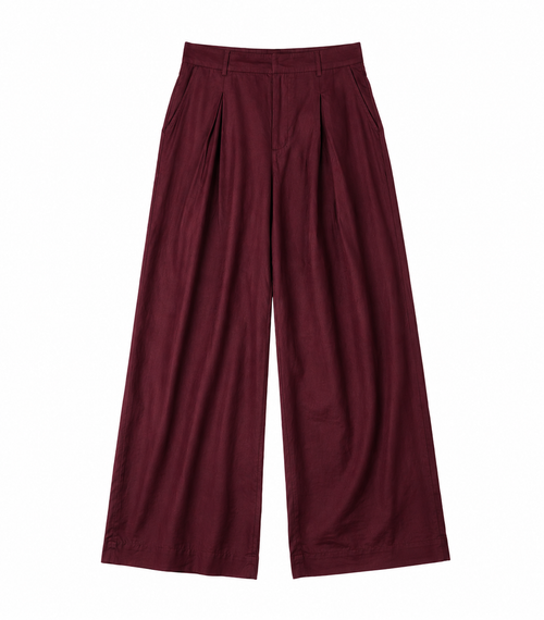 BUTTONLESS BURGUNDY LINEN WIDE LEG PANTS