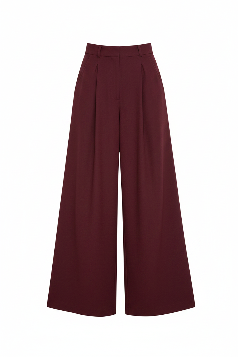 BUTTONLESS BURGUNDY LINEN WIDE LEG PANTS