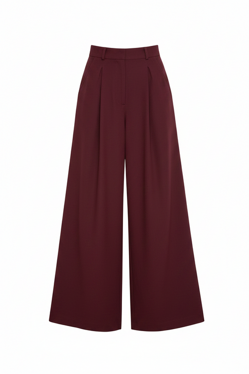 BUTTONLESS BURGUNDY LINEN WIDE LEG PANTS