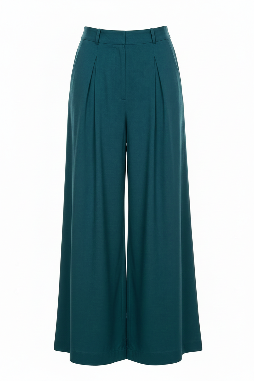 BUTTONLESS TEAL LINEN WIDE LEG PANTS
