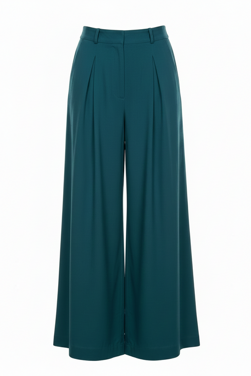 BUTTONLESS TEAL LINEN WIDE LEG PANTS